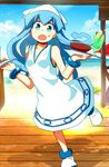  aqua_eyes beach blue_hair day dishes dress food hat ice_cream ice_cream_float ikamusume k.ei long_hair melon_soda open_mouth shinryaku!_ikamusume solo tentacle_hair 