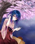 blue_hair blush cherry_blossoms girlfriend_(kari) hibara_eiko japanese_clothes looking_at_viewer miyatomo_(hibaraya) solo 