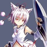  :&lt; animal_ears ayami-0 bare_shoulders blue_background breasts detached_sleeves fingerless_gloves gloves hat inubashiri_momiji midriff pom_pom_(clothes) red_eyes shield short_hair silver_hair simple_background small_breasts solo tail tokin_hat touhou wolf_ears wolf_tail 