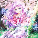  .hack//games 1girl 2012 aura_(.hack//) blue_eyes bug butterfly cherry_blossoms dress guilty_dragon infinity insect long_hair minimaru nature purple_hair shawl sitting smile solo white_dress 
