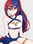  1girl alear_(female)_(fire_emblem) alear_(fire_emblem) bare_arms bare_shoulders bikini blue_eyes blue_hair breasts cleavage commentary criss-cross_halter fire_emblem fire_emblem_engage grey_background hair_between_eyes halterneck highres large_breasts long_hair looking_at_viewer multicolored_hair navel peach11_01 red_eyes red_hair sarong simple_background sitting smile solo stomach swimsuit thighlet thighs two-tone_hair very_long_hair white_bikini 