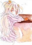  closed_eyes fina_(sa47rin5) food fruit hair_bobbles hair_ornament kotatsu long_hair mahou_shoujo_madoka_magica mahou_shoujo_madoka_magica_movie mandarin_orange momoe_nagisa pajamas sleeping solo table two_side_up white_hair 