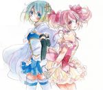  armband back-to-back blue_eyes blue_hair bow cape fina_(sa47rin5) gloves hair_bow hair_ornament hairclip holding_hands kaname_madoka magical_girl mahou_shoujo_madoka_magica mahou_shoujo_madoka_magica_movie miki_sayaka multiple_girls pink_eyes pink_hair short_hair short_twintails simple_background soul_gem thighhighs twintails white_background zettai_ryouiki 