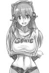  absurdres breast_hold breasts clothes_writing greyscale headphones highres large_breasts long_hair looking_at_viewer monochrome navel nitroplus open_mouth panties shinn0512 smile solo super_sonico underwear 