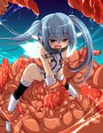  bdsm blue_eyes blue_hair bondage bottomless bound chain collar cover flat_chest fumihiro gloves highres long_hair nymph_(sora_no_otoshimono) restrained solo sora_no_otoshimono spread_legs tentacles thighhighs twintails wings 