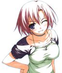  ;d absurdres blue_eyes blush breasts character_request choker collarbone copyright_request grin halterneck hand_on_hip highres looking_at_viewer medium_breasts one_eye_closed open_mouth pink_hair shirt short_hair simple_background smile solo taut_clothes taut_shirt tomose_shunsaku white_background 