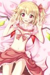  absurdres blonde_hair bow bow_bra bra commentary_request double_v flandre_scarlet frilled_bra frills hair_ribbon heart highres looking_at_viewer lying navel neats on_back open_mouth panties pink_eyes polka_dot polka_dot_bra polka_dot_panties pose red_bra red_panties ribbon shirt shirt_lift side_ponytail skirt smile solo tongue tongue_out touhou underwear v vest vest_lift wings 