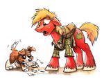  big_macintosh_(mlp) blonde_hair canine clothing cutie_mark dog duo equine female feral freckles friendship_is_magic frustration fur gnawing green_eyes hair horse male mammal my_little_pony pony red_fur sack shirt sophiecabra tess_garman winona_(mlp) young 