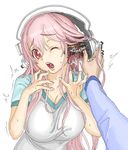  android bad_id bad_pixiv_id breasts cable electricity headphones headphones_removed large_breasts long_hair looking_at_viewer male_hand nitroplus one_eye_closed open_mouth pain pink_eyes pink_hair shigeyama_mohachi solo super_sonico tears wince 