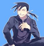  bad_id bad_pixiv_id black_hair blue_background collared_shirt fingerless_gloves formal fullmetal_alchemist gloves gotnojob greed grin happy ling_yao long_hair long_sleeves looking_at_viewer male_focus one_eye_closed pants parted_lips ponytail shirt simple_background sitting smile solo suit teeth 