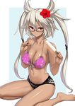 bad_id bad_pixiv_id bare_shoulders barefoot bikini blush breasts cleavage dark_skin flower food front-tie_top glasses hair_flower hair_ornament hibiscus kantai_collection large_breasts long_hair looking_at_viewer musashi_(kantai_collection) navel pointy_hair popsicle red_eyes semi-rimless_eyewear short_shorts shorts silver_hair solo swimsuit takemori_shintarou two_side_up under-rim_eyewear 