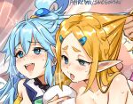  2girls :d bare_shoulders blue_eyes blue_hair blush braid breasts collarbone grabbing_another&#039;s_hair hair_between_eyes hair_ornament hair_rings hairclip implied_sex kono_subarashii_sekai_ni_shukufuku_wo! large_breasts long_hair multiple_girls open_mouth pointy_ears princess_zelda smile snegovski teeth the_legend_of_zelda tongue tongue_out trembling 