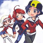  2boys ahoge backwards_hat baseball_cap black_hair brown_hair gold_(pokemon) hat kotone_(pokemon) multiple_boys pokemon pokemon_(game) pokemon_gsc pokemon_hgss red_hair silver_(pokemon) yuzu_(mikansama) 