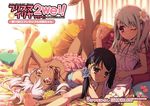  barefoot black_hair cherry_blossoms chloe_von_einzbern dark_skin fate/kaleid_liner_prisma_illya fate_(series) feet flower hiroyama_hiroshi illyasviel_von_einzbern long_hair lying miyu_edelfelt multiple_girls official_art petals pillow soles toes white_hair yellow_eyes 