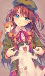 animal animal_on_shoulder bad_id bad_pixiv_id beret blue_eyes braid cat cat_on_shoulder collar fangs hair_over_shoulder hair_ribbon hat head_tilt jacket long_hair looking_at_viewer natsu_natsuna open_clothes open_jacket open_mouth original red_hair ribbon shirt skirt smile solo twin_braids two_side_up vest 