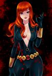  avengers black_widow blood bodysuit breasts center_opening claws contrapposto cowboy_shot ee0418 grey_eyes lipstick long_hair makeup marvel medium_breasts orange_hair parted_lips skin_tight solo standing unzipped 