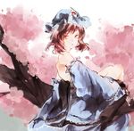  adapted_costume bare_back bare_shoulders branch cherry_blossoms detached_sleeves from_side hat in_tree kunaru mob_cap obi pink_hair red_eyes saigyouji_yuyuko sash short_hair sitting sitting_in_tree sleeves_past_wrists solo touhou tree triangular_headpiece wide_sleeves 