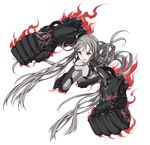  ahoge bodysuit full_body gauntlets glowing greaves grey_hair huge_weapon impossible_clothes kazuoki long_hair open_mouth original oversized_forearms oversized_limbs purple_eyes simple_background solo very_long_hair weapon white_background 