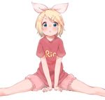  :&lt; bad_id bad_pixiv_id blonde_hair bloomers blush character_name hair_ornament hairclip highres kagamine_rin rima_(rimarip) shirt short_hair solo split t-shirt underwear vocaloid 