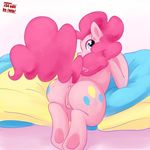  bigbuttponies blue_eyes butt cutie_mark edit equine female friendship_is_magic fur hair hooves horse looking_at_viewer looking_back mammal my_little_pony opeegenetalia pillow pink_fur pink_hair pinkie_pie_(mlp) pony presenting pussy raised_tail solo underhoof 