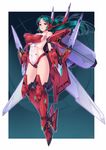  armor armpits blue_background boots expressionless full_body green_hair guardic_gaiden highres knee_boots long_hair mecha_musume red_armor red_hair revealing_clothes solo system_d.p. vuccha 