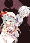  apron bat_wings blue_hair bow hat hat_bow izayoi_sakuya maid_apron maid_headdress multiple_girls red_eyes remilia_scarlet silver_hair touhou uru_uzuki wings 