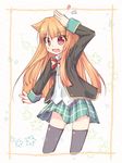  :3 :d amatsuka_mao animal_ears arm_up black_legwear blazer blush bow fang gj-bu hair_flaps jacket long_hair open_mouth orange_hair plaid plaid_skirt red_eyes school_uniform skirt smile solo thighhighs torii_(kedamatori) 