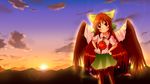  black_hair cape cloud cloudy_sky frilled_skirt frills hands_on_hips karasuma_amiru long_hair red_eyes reiuji_utsuho skirt sky third_eye touhou twilight wings 