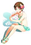  ball beachball bikini blush brown_hair eren_yeager flower frown genderswap genderswap_(mtf) green_bikini green_eyes hair_flower hair_ornament highres polka_dot polka_dot_swimsuit sandals shingeki_no_kyojin short_hair sitting solo swimsuit tachibana_amane_(amane01a) tears 