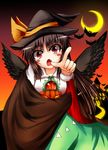  :o bat blush_stickers cape castle crescent_moon fang halloween hat karasuma_amiru moon night red_eyes red_sky reiuji_utsuho skirt sky third_eye touhou v-shaped_eyebrows wings witch_hat 