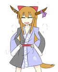  bare_legs blush bow closed_eyes cosplay flat_chest hair_bow hands_on_hips happy horn_ribbon horns ibuki_suika kita_(higan) long_hair morichika_rinnosuke morichika_rinnosuke_(cosplay) open_mouth orange_hair ribbon simple_background smile solo steam touhou very_long_hair wide_sleeves 