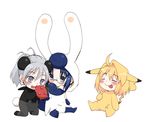  ahoge arcueid_brunestud blonde_hair blue_eyes blue_hair chibi ciel cosplay food fruit gen_1_pokemon gen_6_pokemon glasses grey_eyes grey_hair meowstic meowstic_(cosplay) multiple_girls pancham pancham_(cosplay) pikachu pikachu_(cosplay) pikakoya pokemon red_eyes riesbyfe_stridberg sitting tongue tsukihime 