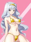  bikini breasts cameltoe covered_nipples hairband idolmaster idolmaster_(classic) long_hair medium_breasts red_eyes shijou_takane silver_hair swimsuit wochoku_akira 