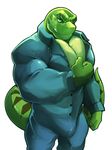  anthro biceps big_muscles bulge clothing cursedmarked endigo fangs flexing green_skin grin jumpsuit lizard looking_at_viewer male mechanic muscles open_shirt pants pecs plain_background pose reptile scales scalie shirt sidern smile solo standing teeth toned undressing white_background 