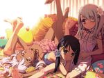  backlighting barefoot black_hair cherry_blossoms chloe_von_einzbern dark_skin fate/kaleid_liner_prisma_illya fate_(series) feet flower highres hiroyama_hiroshi illyasviel_von_einzbern leg_up long_hair lying miyu_edelfelt mouth_hold multiple_girls official_art one_eye_closed petals pillow sitting soles toes upside-down white_hair yellow_eyes 