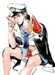  bad_id bad_pixiv_id banchou cigarette cosplay crossdressing hat jojo_no_kimyou_na_bouken kill_la_kill kuujou_joutarou male_focus mankanshoku_mako mankanshoku_mako_(cosplay) mmm1597 school_uniform serafuku sitting skirt solo 