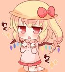  blonde_hair bobby_socks chestnut_mouth drooling flandre_scarlet hat kindergarten kindergarten_uniform marshmallow_mille outstretched_hand pink_shirt pointy_ears red_eyes school_hat shirt side_ponytail skirt socks solo sparkle touhou wings younger 