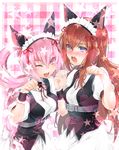  :d akiha_rumiho animal_ears blue_eyes blush brown_hair cat_ears checkered checkered_background drill_hair hair_ribbon highres katoma long_hair maid maid_headdress makise_kurisu multiple_girls nyan one_eye_closed open_mouth pink_eyes pink_hair ribbon smile star steins;gate sweatdrop twin_drills twintails waitress wrist_cuffs 