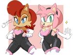  amy_rose anthro bare_shoulders blue_eyes breasts brown_fur chipmunk cleavage clothed clothing cloudz cosplay duo female fur green_eyes hair happy hedgehog legwear looking_at_viewer mammal pink_hair pussy red_hair rodent rouge_the_bat sally_acorn sega smile sonic_(series) text thick_thighs thigh_highs video_games wide_hips 