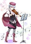  absurdres bass_clef beamed_sixteenth_notes dotted_eighth_note eighth_note eighth_rest flat_sign girlfriend_(kari) hat highres instrument kimijima_satoru musical_note musical_note_print pantyhose purple_eyes quarter_note quarter_rest sharp_sign short_hair solo staff_(music) treble_clef violin zexel_(nintama) 