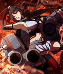  black_hair blush breasts brown_hair dearmybrothers elbow_gloves explosion gloves hairband highres kantai_collection large_breasts long_hair midriff nagato_(kantai_collection) pleated_skirt red_eyes skirt solo thighhighs 