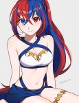  1girl alear_(female)_(fire_emblem) alear_(fire_emblem) bare_arms bare_shoulders bikini blue_eyes blue_hair breasts cleavage commentary criss-cross_halter fire_emblem fire_emblem_engage grey_background hair_between_eyes halterneck highres large_breasts long_hair looking_at_viewer multicolored_hair navel official_alternate_costume official_alternate_hairstyle peach11_01 red_eyes red_hair sarong simple_background sitting smile solo stomach swimsuit thighlet thighs two-tone_hair very_long_hair white_bikini 