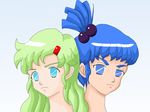  2girls blue_eyes blue_hair elchi_cargo green_hair multiple_girls no_pupils rag_uralo sentou_mecha_xabungle 