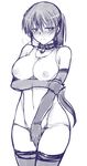  blush breasts collar covering covering_crotch elbow_gloves gloves kitagou_fumika large_breasts long_hair monochrome nipples null_(nyanpyoun) ponytail revealing_clothes school_swimsuit see-through solo swimsuit very_long_hair white_school_swimsuit white_swimsuit world_witches_series 