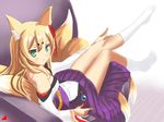  animal_ear_fluff animal_ears bad_id bad_pixiv_id bangs bare_shoulders blonde_hair blush breasts cleavage couch dated fox_ears green_eyes heart_of_tentacles highres japanese_clothes kimono kitsune light_smile long_hair looking_at_viewer lying mon-musu_quest! monster_girl multiple_tails sidelocks sitting small_breasts socks solo tail tamamo_(mon-musu_quest!) tattoo watermark 