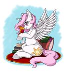  blush book boop cake cherry cup cutie_mark duo equine eyes_closed female feral food fork friendship_is_magic hair horn longinius mammal my_little_pony philomena_(mlp) phoenix pillow princess_celestia_(mlp) rug sitting steam tea winged_unicorn wings 