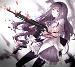  akemi_homura assault_rifle beretta_92 black_hair broken bullet cartridge dissolving gun hairband handgun highres howa_type_89 long_hair m16a1 magical_girl mahou_shoujo_madoka_magica mchi pantyhose purple_eyes rifle shell_casing shield skirt solo weapon 