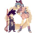  1girl bad_id bad_pixiv_id belt belt_pouch black_hair blue_eyes blue_hair bow braid bulma child clothes_writing dragon_ball dragon_ball_(classic) eye_contact gloves grin hair_bow looking_at_another monkey_tail open_mouth pouch scarf shoes short_hair simple_background single_braid single_glove smile sneakers socks son_gokuu spiked_hair staff standing stere_o tail wristband 
