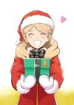  1girl bangs blonde_hair box christmas christmas_gift commentary_request eyes_closed gacha-m gift gift_box gundam gundam_narrative hat heart long_hair mittens rita_bernal santa_costume santa_hat smile solo 