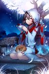  :3 big_dipper brown_hair cat closed_eyes constellation devil_maker japanese_clothes night night_sky rheez seiza sitting sky solo star_(sky) starry_sky tree 